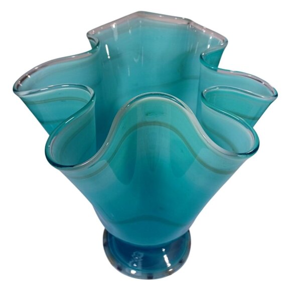 Hand Blown Ocean Waves Gradient Blue Art Glass Pedestal Vase Murano Vintage MCM - Picture 9 of 15
